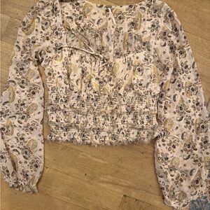 Free People Paisley Smocked Blouse in Cream and Yellow
